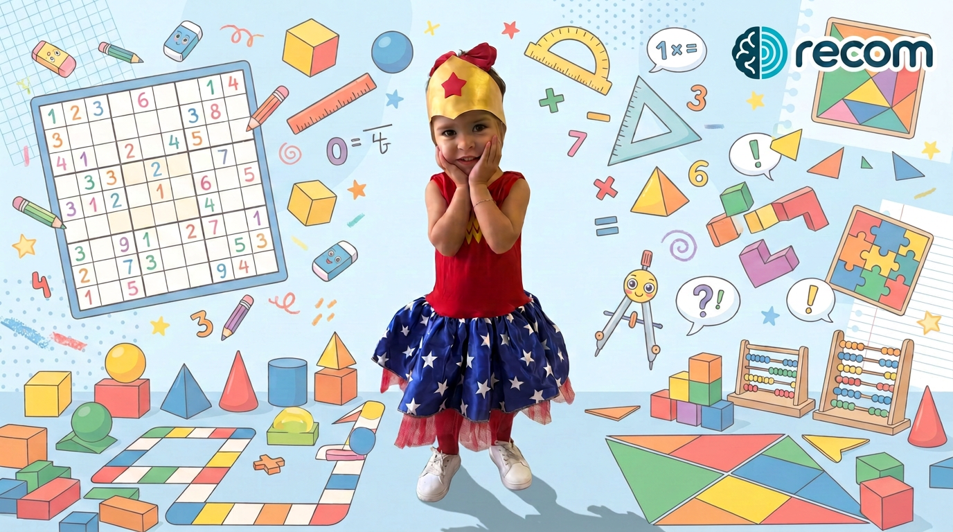 Menina fantasiada de heroína entre jogos de lógica, números e formas coloridas da Recom