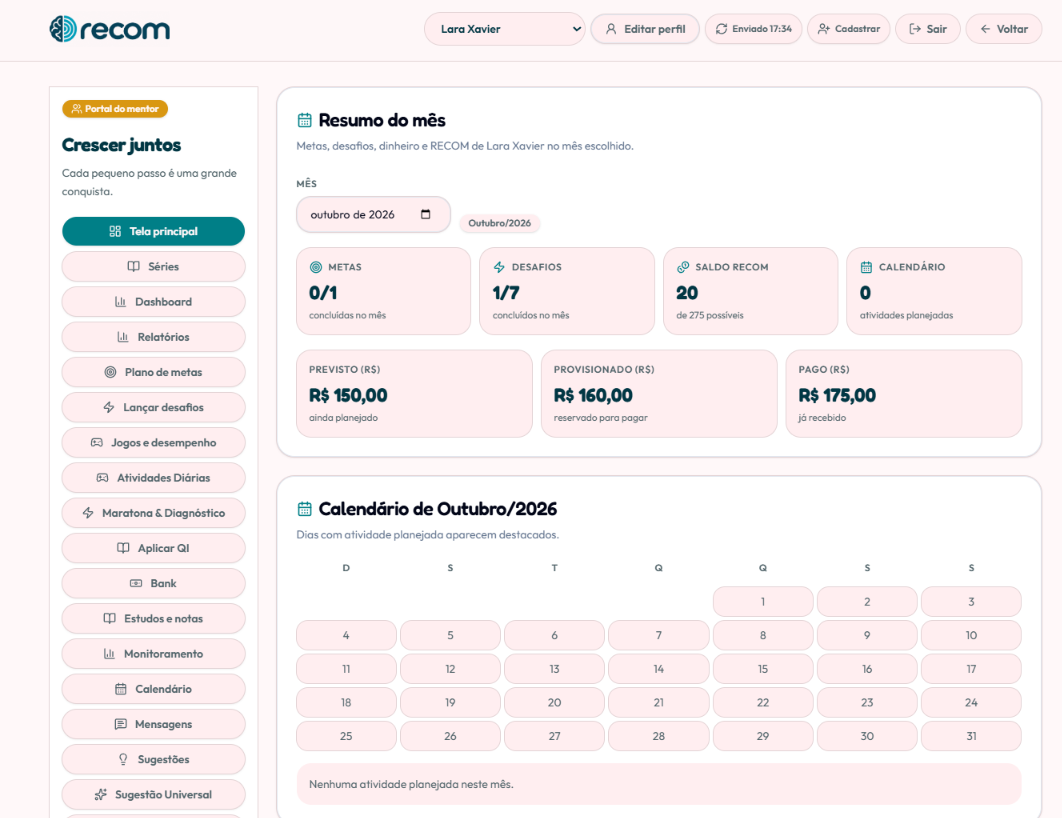 Painel do MaisRECOM com resumo do mês