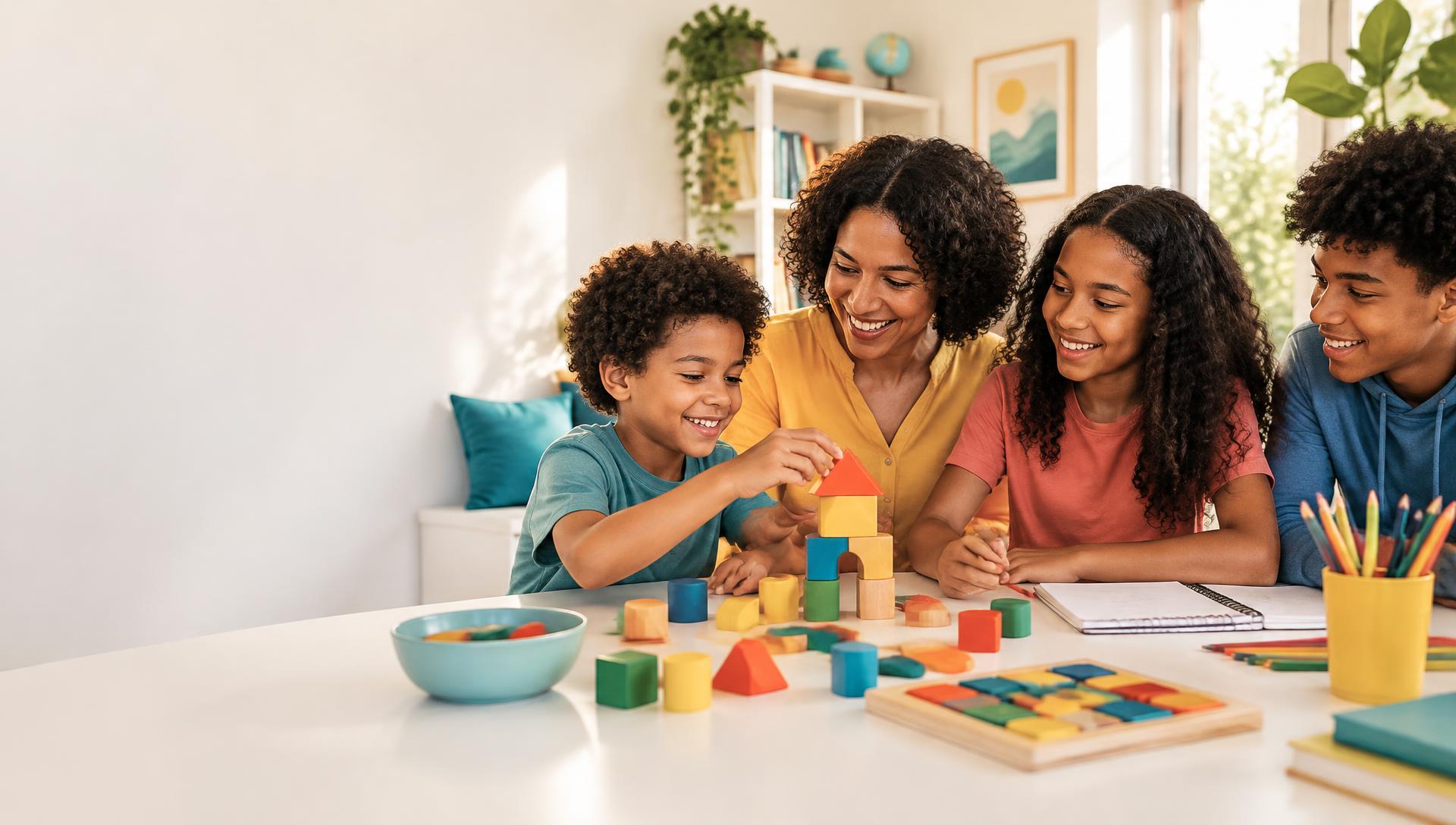 Mãe, crianças e adolescente aprendendo juntos com jogos, blocos e estudos
